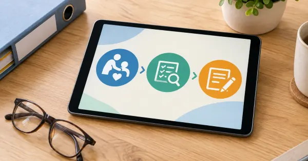 Tablet, Lesebrille und Pflegeordner als Symbol für die Prüfung und Beantragung einer digitalen Pflegeanwendung.