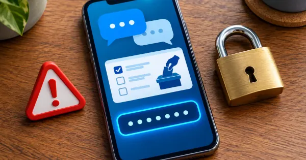 Smartphone mit symbolischer Online-Abstimmung, Codefeld, Warnzeichen und Vorhängeschloss als Schutz vor Messenger-Betrug.