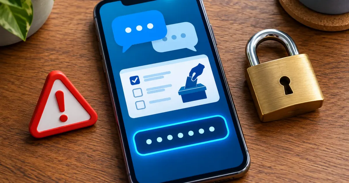 Smartphone mit symbolischer Online-Abstimmung, Codefeld, Warnzeichen und Vorhängeschloss als Schutz vor Messenger-Betrug.