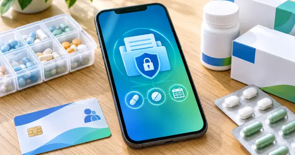 Smartphone mit digitalem Aktensymbol neben Medikamentenbehälter, neutralen Arzneimittelpackungen und Gesundheitskarte.