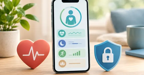 Smartphone mit abstrakter Gesundheits-App, Herzsymbol und Symbol für einen sicheren digitalen Zugang.