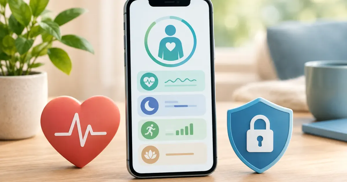 Smartphone mit abstrakter Gesundheits-App, Herzsymbol und Symbol für einen sicheren digitalen Zugang.