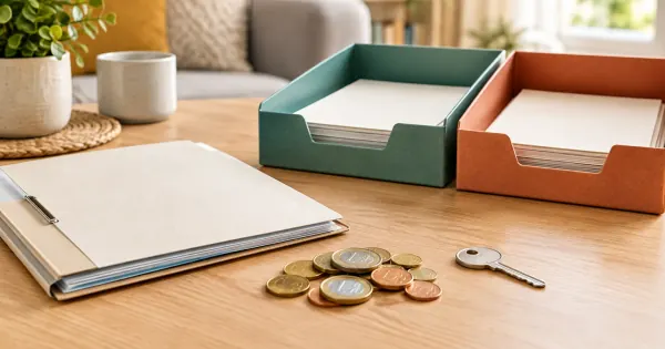 Pflegeakte, Euro-Münzen und zwei Ablagefächer symbolisieren Pflegegeld und geplante neue Budgets.
