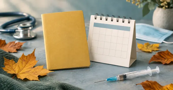 Neutraler Impfpass und Kalender vor einem herbstlich gestalteten medizinischen Hintergrund.