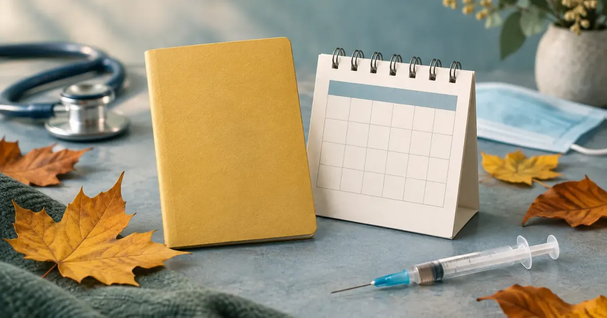 Neutraler Impfpass und Kalender vor einem herbstlich gestalteten medizinischen Hintergrund.