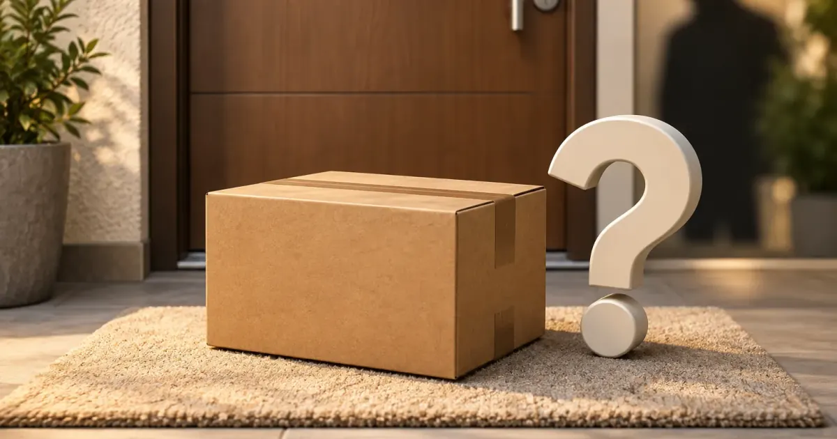 Neutrales Paket vor einer Wohnungstür mit Fragezeichen als Symbol für eine verdächtige Lieferung.