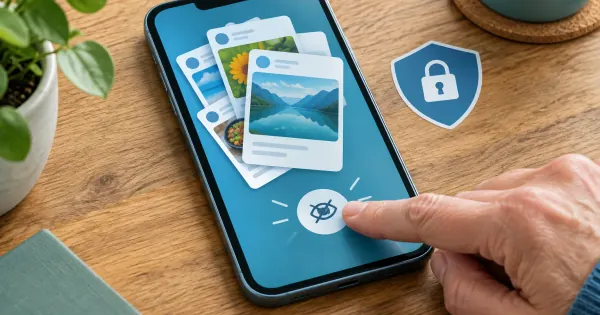 Smartphone mit geordneten Beitragskarten und Schildsymbol als Motiv für einen bewusst gesteuerten Social-Media-Feed.