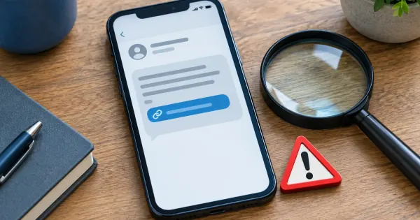 Smartphone mit verdächtiger Nachricht neben Lupe und Warnsymbol als Sinnbild für das Erkennen von Phishing.