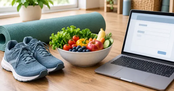 Sportschuhe, Gymnastikmatte, gesunde Lebensmittel und ein Laptop stehen symbolisch für das Präventionsprogramm RV Fit.