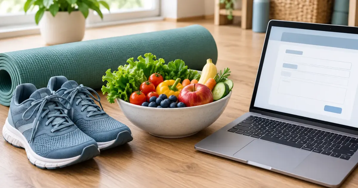 Sportschuhe, Gymnastikmatte, gesunde Lebensmittel und ein Laptop stehen symbolisch für das Präventionsprogramm RV Fit.