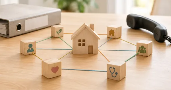 Hausmodell, Telefon und verbundene Holzbausteine symbolisieren die geplante Koordination der häuslichen Pflege.