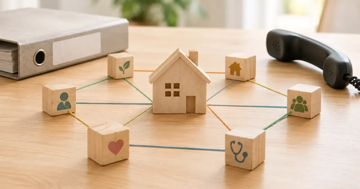 Hausmodell, Telefon und verbundene Holzbausteine symbolisieren die geplante Koordination der häuslichen Pflege.