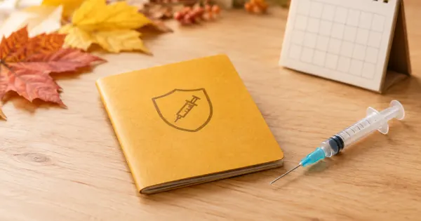 Impfpass, Spritze und Kalender als sachliches Symbol für die Grippeimpfung ab 60 im Herbst.