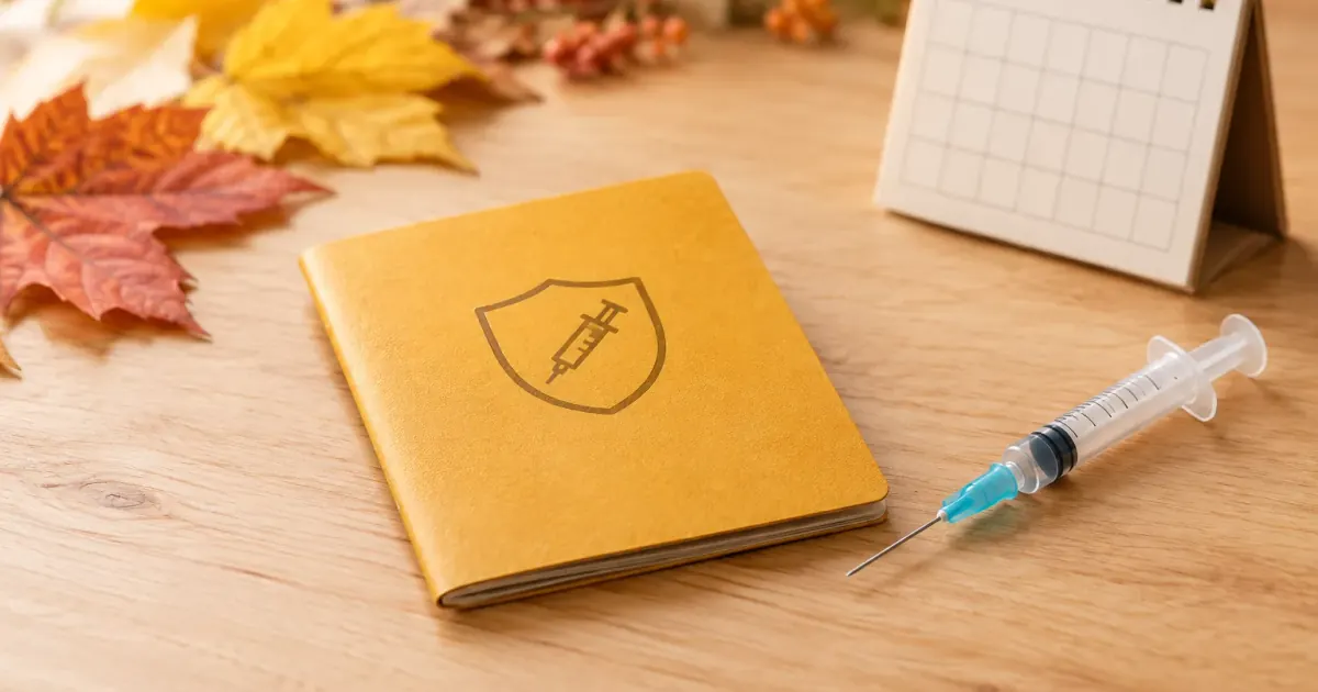 Impfpass, Spritze und Kalender als sachliches Symbol für die Grippeimpfung ab 60 im Herbst.