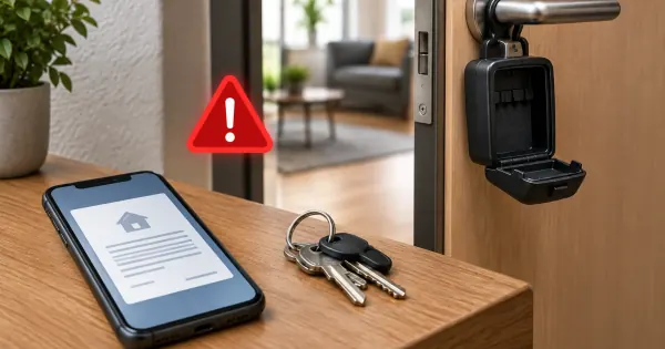 Schlüsselbox an einer Wohnungstür neben Smartphone und Mietunterlagen als Symbol für Wohnungsbetrug.