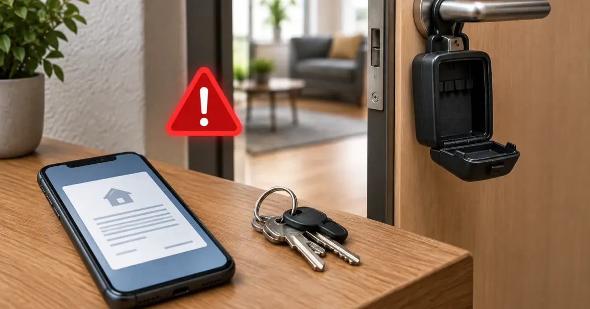 Schlüsselbox an einer Wohnungstür neben Smartphone und Mietunterlagen als Symbol für Wohnungsbetrug.