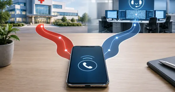 Symbolmotiv mit Telefon und zwei Wegen zu Krankenhaus und medizinischer Leitstelle für die geplante Neuordnung der 116117.