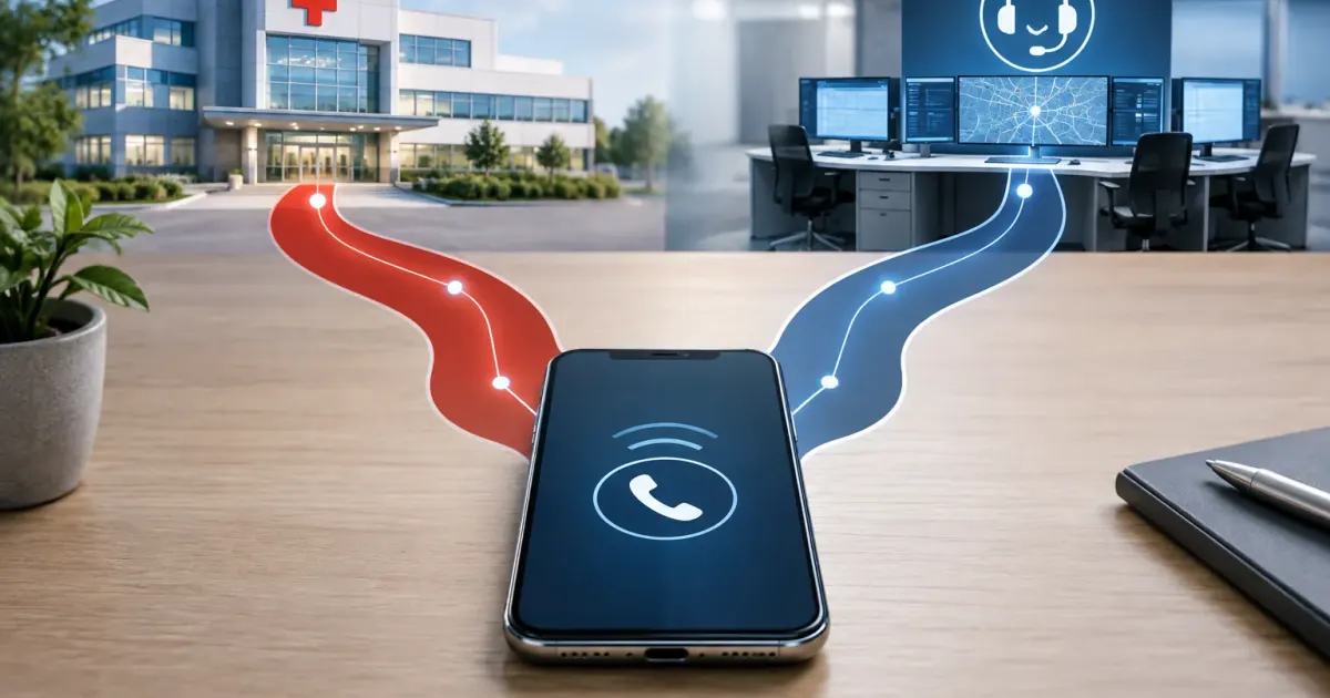 Symbolmotiv mit Telefon und zwei Wegen zu Krankenhaus und medizinischer Leitstelle für die geplante Neuordnung der 116117.