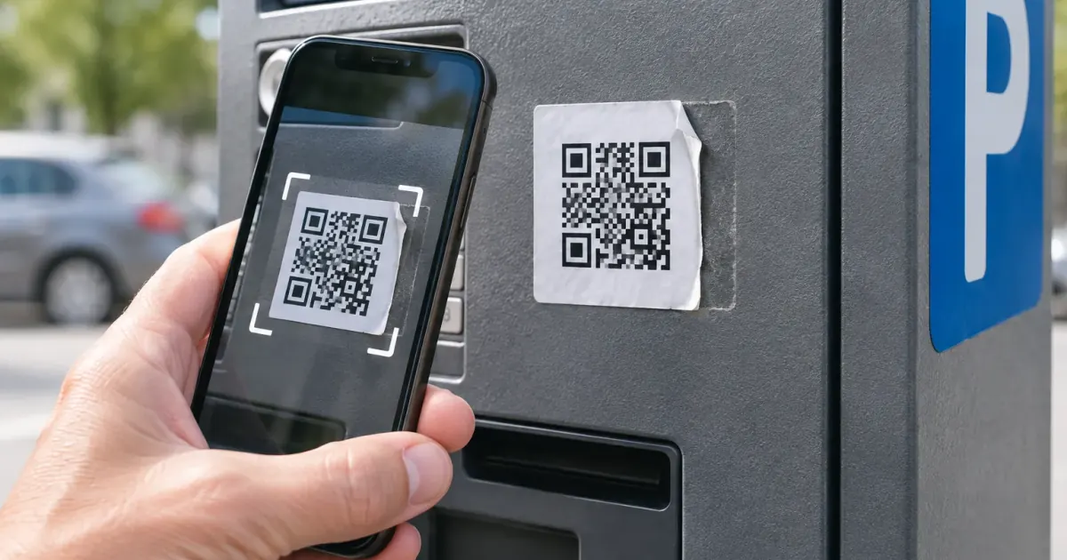 Ein Smartphone vor einem Parkautomaten mit sichtbar überklebtem QR-Code als Symbol für Quishing.