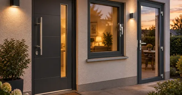 Sicher verschlossene Haustür und Fenster mit stabilen Beschlägen bei einsetzender Abenddämmerung.