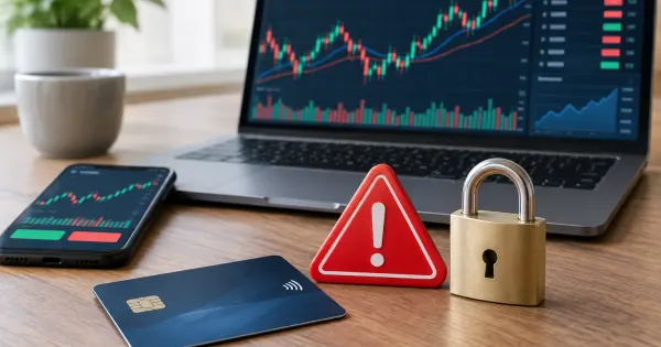 Smartphone und Laptop mit abstrakter Handelsplattform, Bankkarte, Warnsymbol und Vorhängeschloss als Hinweis auf Cybertrading-Betrug.