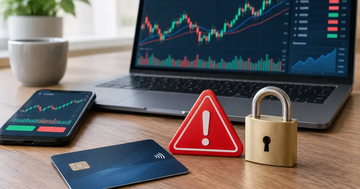 Smartphone und Laptop mit abstrakter Handelsplattform, Bankkarte, Warnsymbol und Vorhängeschloss als Hinweis auf Cybertrading-Betrug.